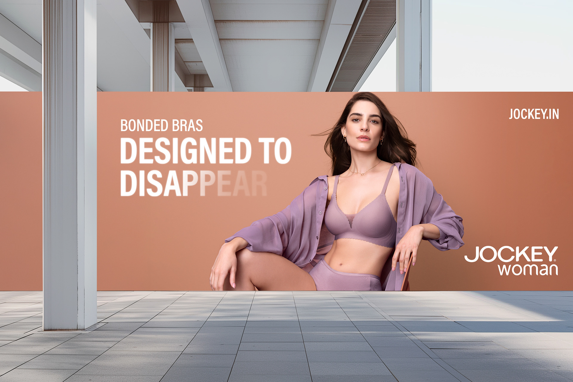 Jockey Women bonded bras campaign displayed in an architectural billboard mockup